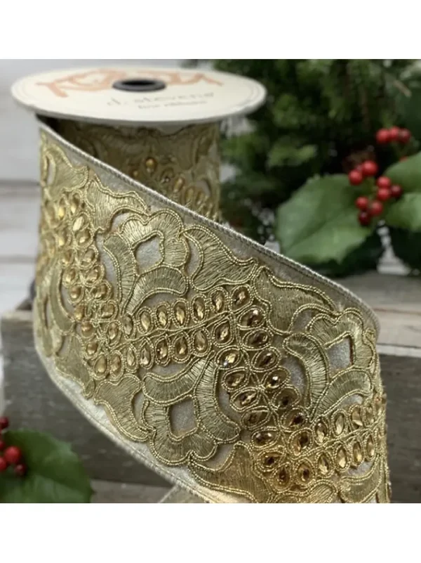 Aldik Home Christmas Ribbon & Fabric<Gold Crystal Trellis 4 in. x 5 yd. Metallic Dupion Gold/Platinum