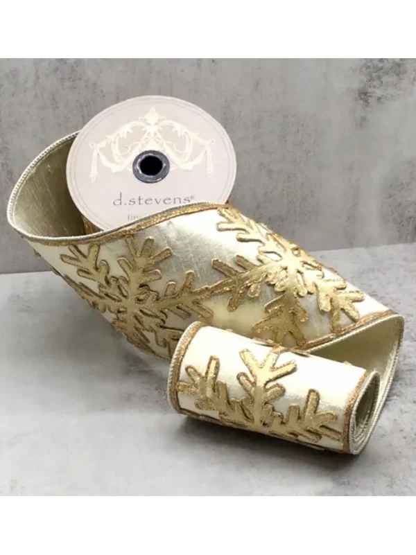 Aldik Home Christmas Ribbon & Fabric<Gold Snowflake 5.25 in. x 5 yd. Light Gold Metallic Dupion
