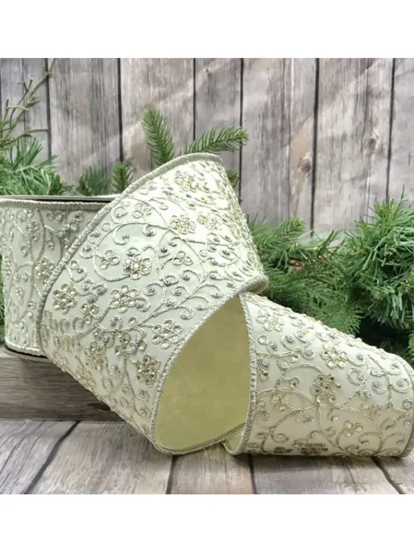 Aldik Home Christmas Ribbon & Fabric<Jewel Floral Garden 4 in. x 10 yd. Ivory Dupion