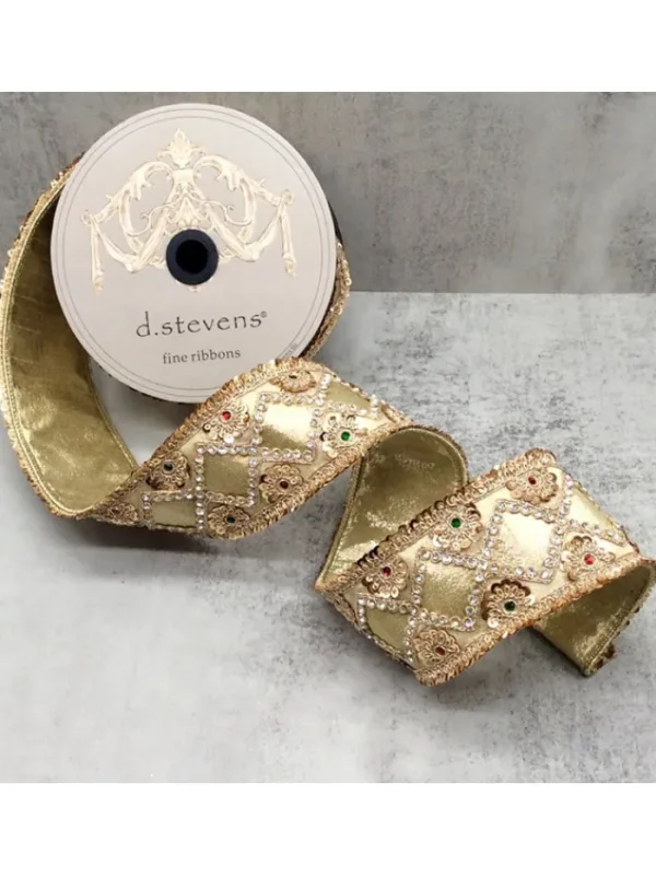 Aldik Home Christmas Ribbon & Fabric<Jewel Sequin Floral Diamond Pattern 2.5 in. x 5 yd. Gold W/ Metallic Dupion
