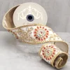 Aldik Home Christmas Ribbon & Fabric<Jeweled Floral 2.5 in. x 5 yd. W/ Metallic Dupion Platinum/Gold