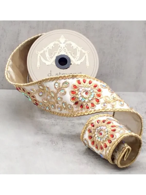 Aldik Home Christmas Ribbon & Fabric<Jeweled Floral 2.5 in. x 5 yd. W/ Metallic Dupion Platinum/Gold