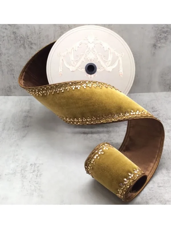 Aldik Home Christmas Ribbon & Fabric<Lush Velvet Countessa Scallop Jewel Trim 4 in. x 10 yd. Gold