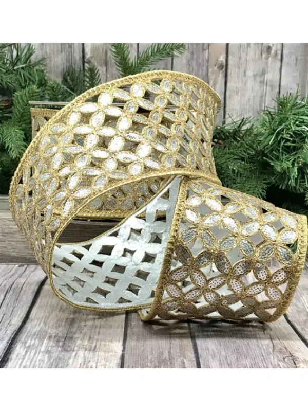 Aldik Home Christmas Ribbon & Fabric<Sequin Metallic Floral Garland 4 in. x 10 yd. Gold W/ Silver Back