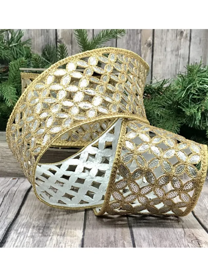 sequin_metallic_floral_ga_0.webp Aldik Home Christmas Ribbon & Fabric<Sequin Metallic Floral Garland 4 in. x 10 yd. Gold W/ Silver Back