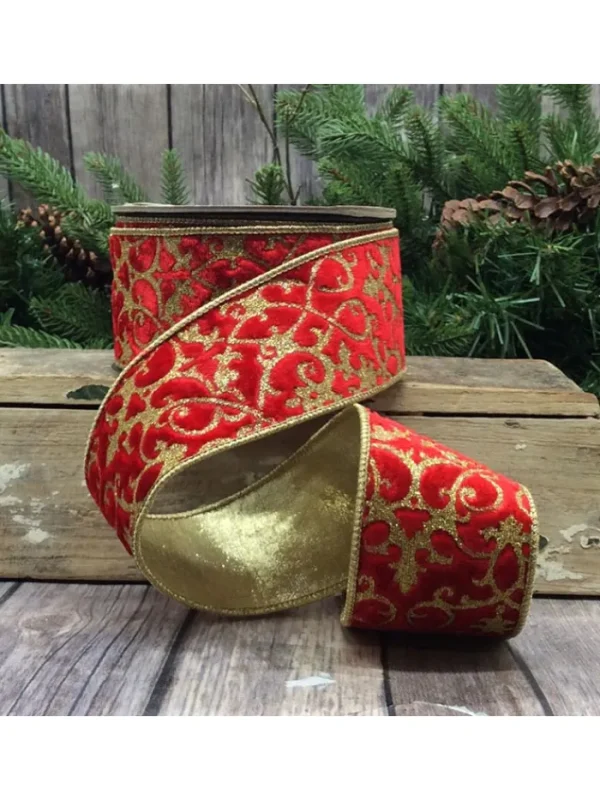 Aldik Home Christmas Ribbon & Fabric<Velvet 2.5 in. x 10 yd. Red W/ Glitter Treillage