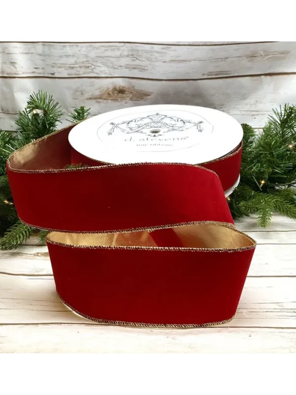 Aldik Home Christmas Ribbon & Fabric<Velvet 2.5 in. x 100 yd. Red W/ Gold Back