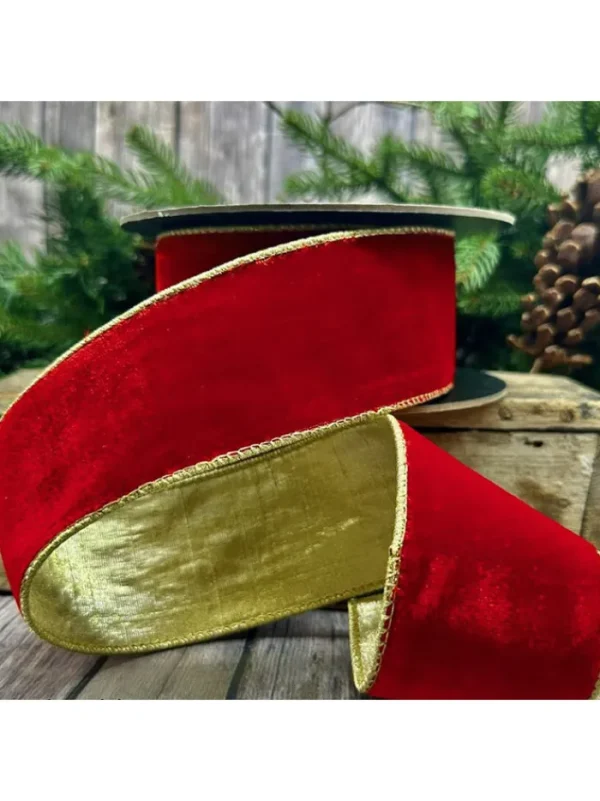Aldik Home Christmas Ribbon & Fabric<Velvet 2.5 in. x 10 yd. Red w/ Gold Back