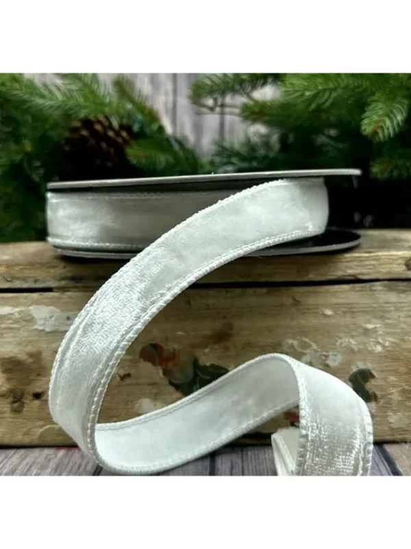 Aldik Home Christmas Ribbon & Fabric<Velvet 1 in. x 10 yd. Winter White W/ Dupion Back
