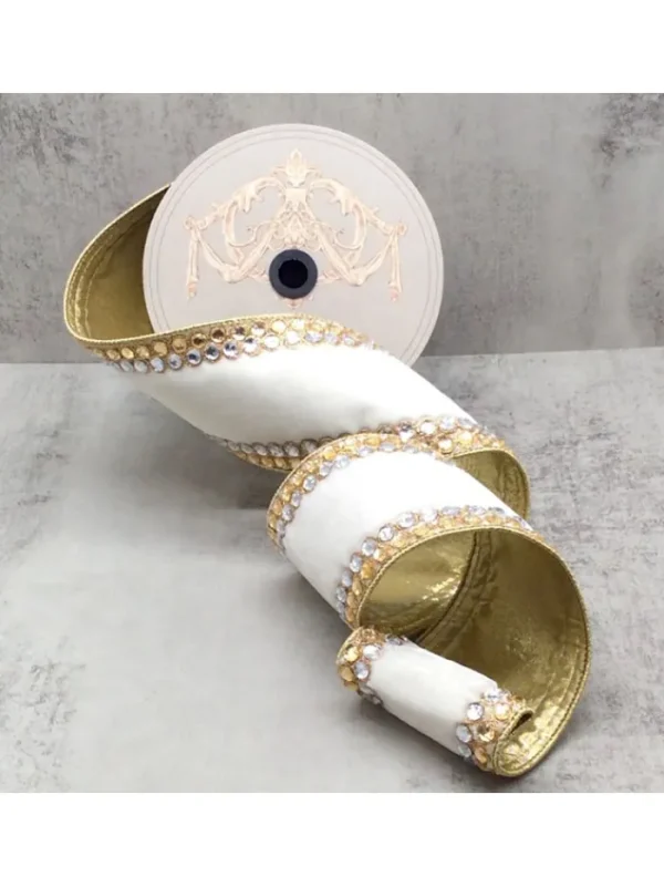 Aldik Home Christmas Ribbon & Fabric<Velvet Crystal Jewel Side Trim 4 in. x 5 yd. Winter White