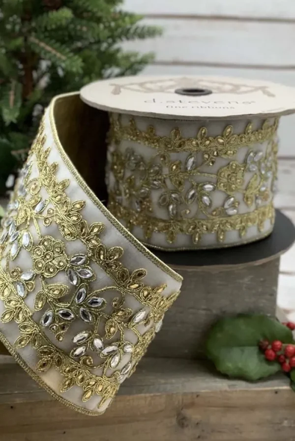Aldik Home Christmas Ribbon & Fabric<Velvet Floral Trim 4 in. x 5 yd. White/Gold W/Metallic Gold Back