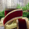 Aldik Home Christmas Ribbon & Fabric<Velvet Gold and Teal Jewel Trim 4 in. x 10 yd. Burgundy