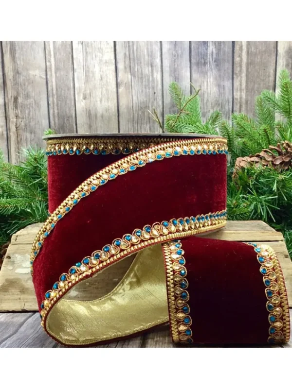 Aldik Home Christmas Ribbon & Fabric<Velvet Gold and Teal Jewel Trim 4 in. x 10 yd. Burgundy