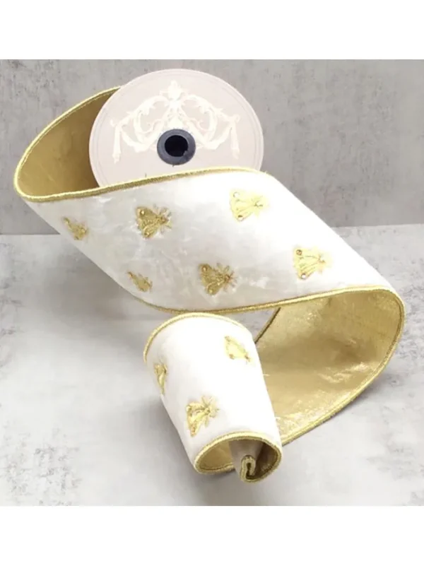 Aldik Home Christmas Ribbon & Fabric<Velvet Gold Embroidery Bee 4 in. x 5 yd. Winter White