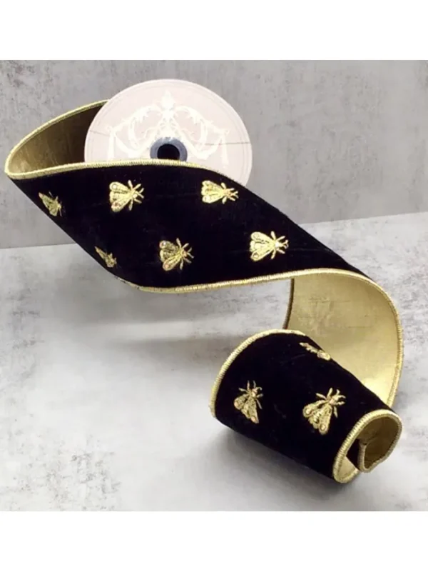 Aldik Home Christmas Ribbon & Fabric<Velvet Gold Embroidery Bee 4 in. x 5 yd. Black