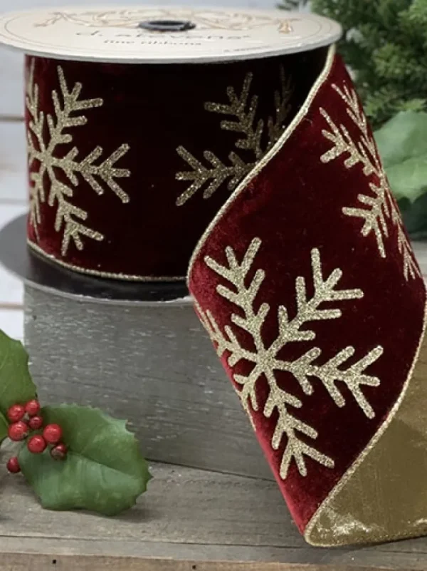 Aldik Home Christmas Ribbon & Fabric<Velvet Snowflake 4 in. x 10 yd. Ruby
