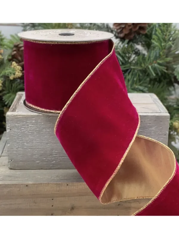 Aldik Home Christmas Ribbon & Fabric<Velvet Vintage French 4 in. x 10 yd. Fuchsia Metallic Back